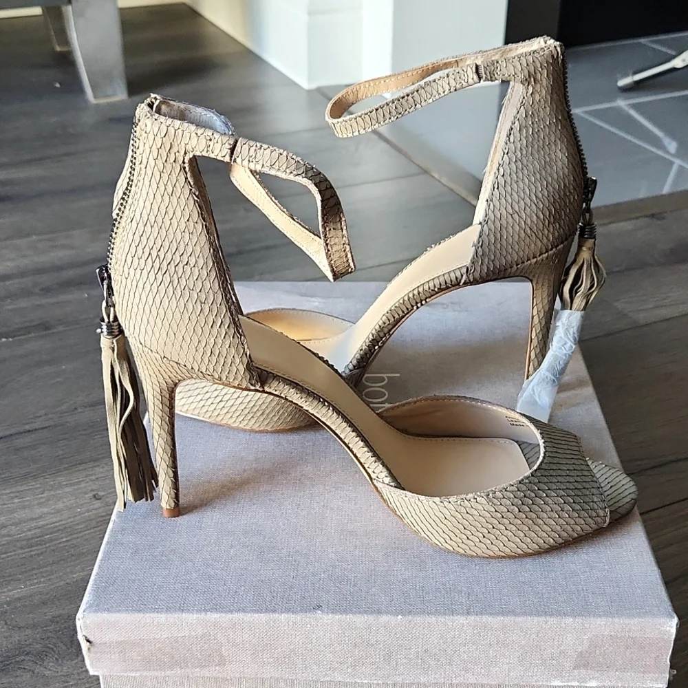 NWT BOTKIER | Anna Suede Tasseled Stiletto Heels - Olive Snake - Picture 2 of 7